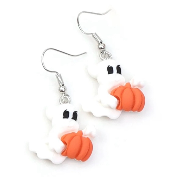 Friendly Ghost Holding Pumpkin Halloween Holiday Earrings - Picture 6 of 6